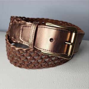 Talbots Braided Leather Belt Medium Brass Buckle Metallic